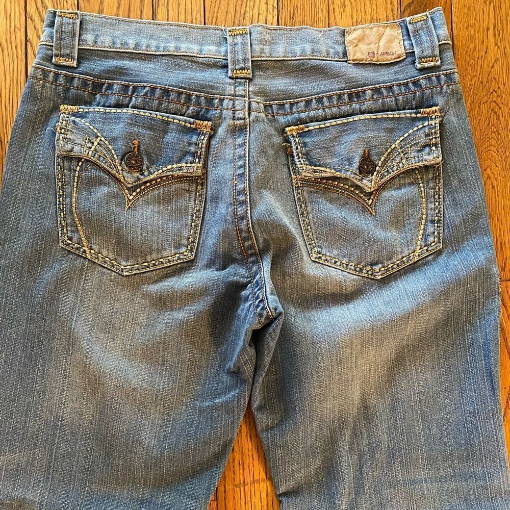 CARBON vintage 34 x 32 button flap pocket distressed straight leg jeans
